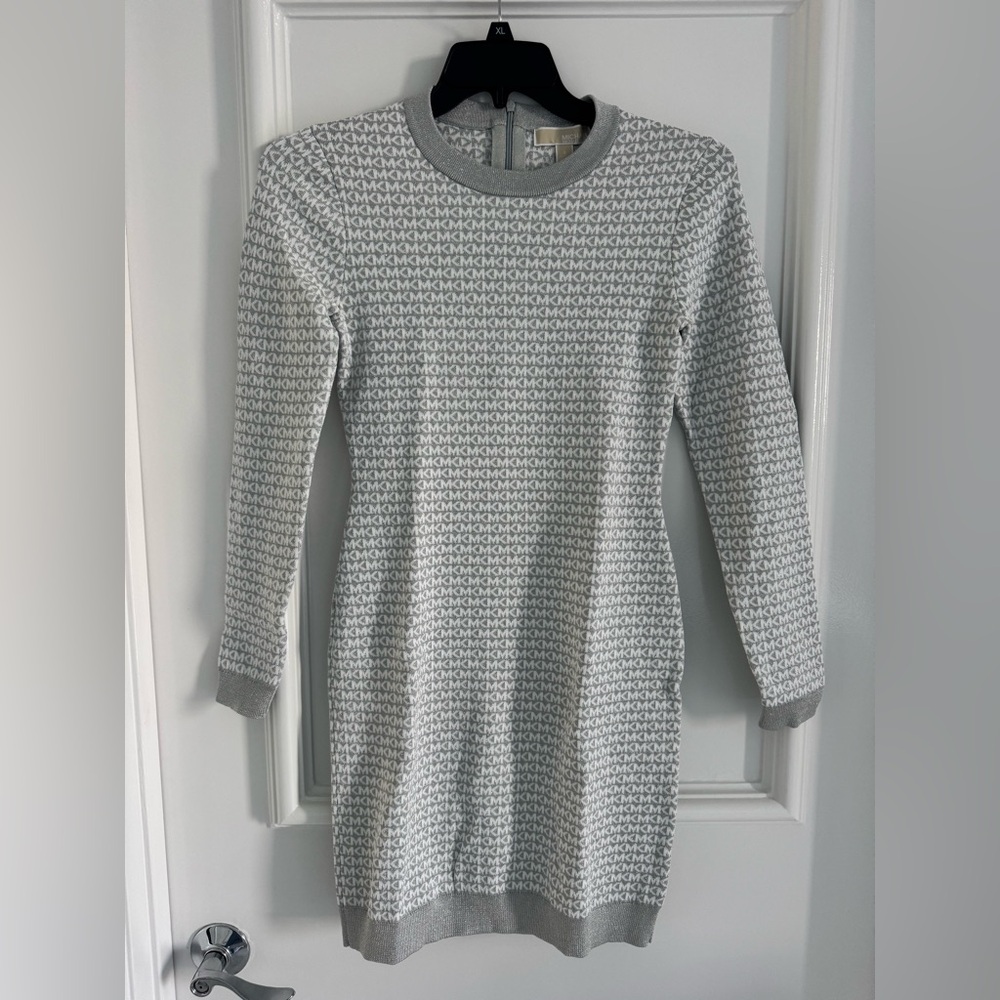 Michael Kors Logo Jacquard Dress Long Sleeve Silver $225 Size S